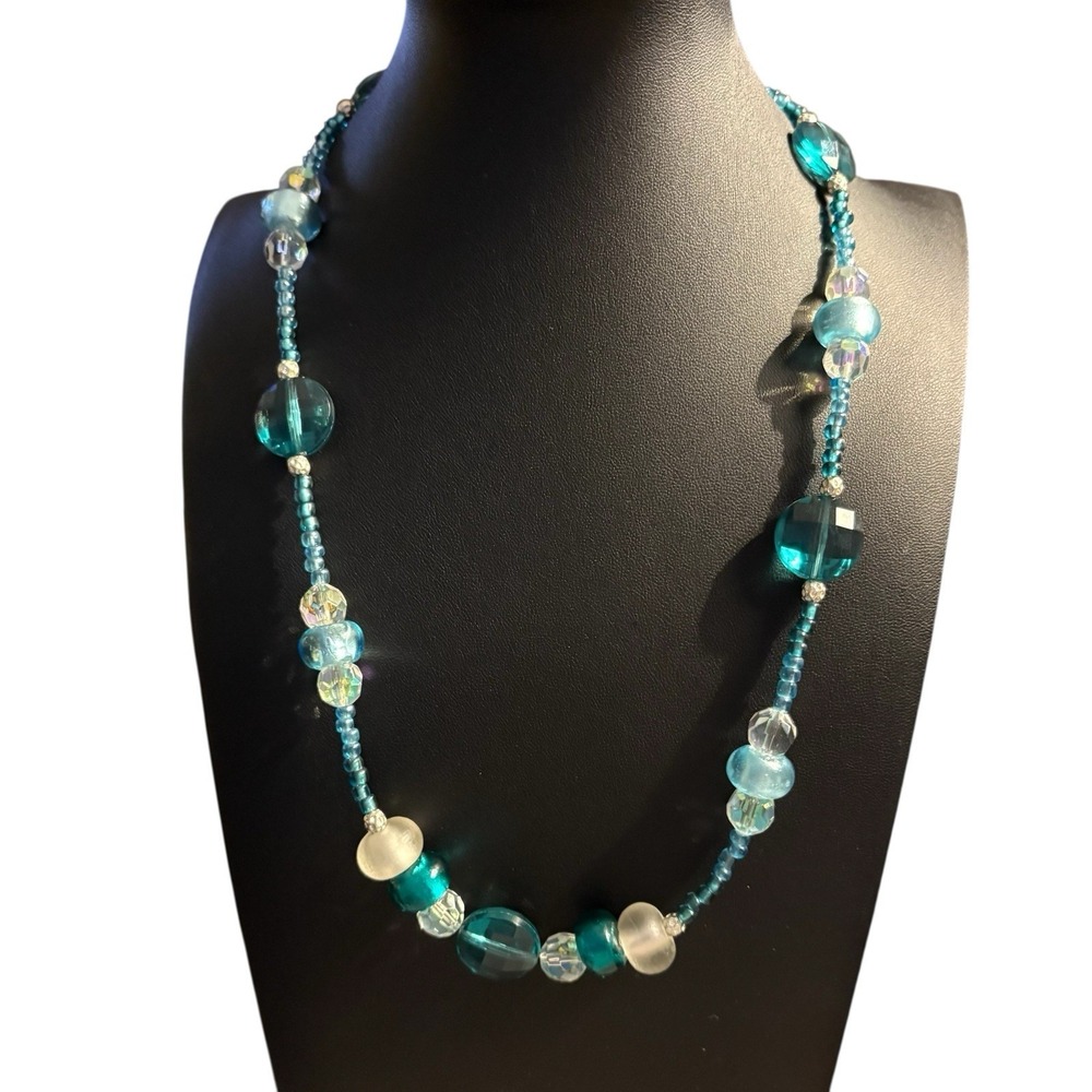 Aqua Blue Necklace Glass & Acrylic Beads Faceted Discs AB Coated Long Pretty!